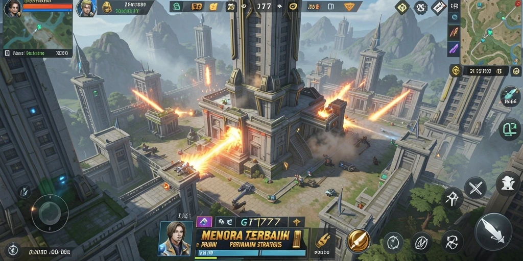 Screenshot gameplay GT777 yang menunjukkan aksi menara pertahanan dalam pertempuran.