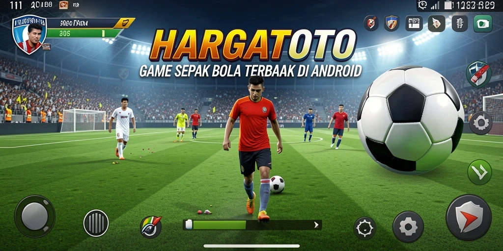 Tampilan layar utama HARGATOTO menampilkan aksi seru pertandingan sepak bola.
