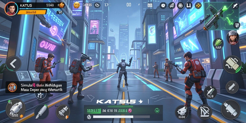 Screenshot KATSU5 menampilkan gameplay simulasi kehidupan futuristik.