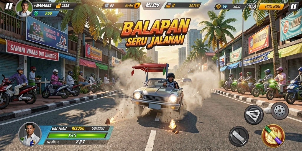 Gameplay MZ356 menampilkan mobil balap yang mendebarkan di trek yang berwarna-warni.
