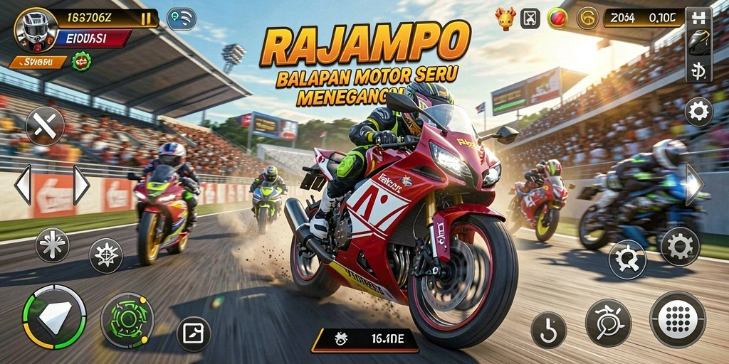 Screenshot gameplay RAJAMPO dengan balapan motor yang mendebarkan.