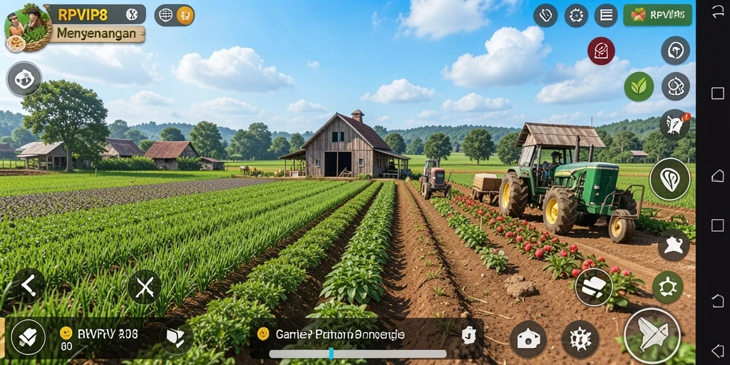 Screenshot gameplay RPVIP8 dengan kebun yang subur dan tanaman yang beragam.